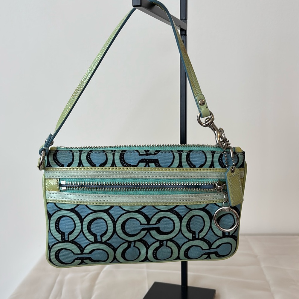 Coach Poppy 3D OP Art Aqua Blue and Teal Corner Zip Signature Wristlet Clutch